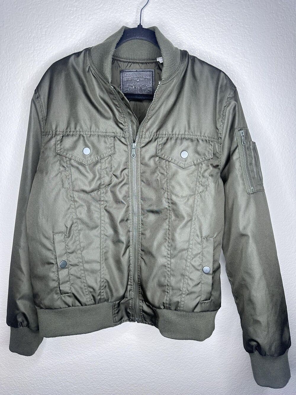Levi Jacket Mens Large Green Bomber Quilted Zip Pockets Insulated Ribbed Hem
